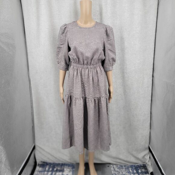 Current Air Taupe Floral Jacquard Puffed Sleeve Teired Midi Dress Back Cutout - Picture 2 of 10